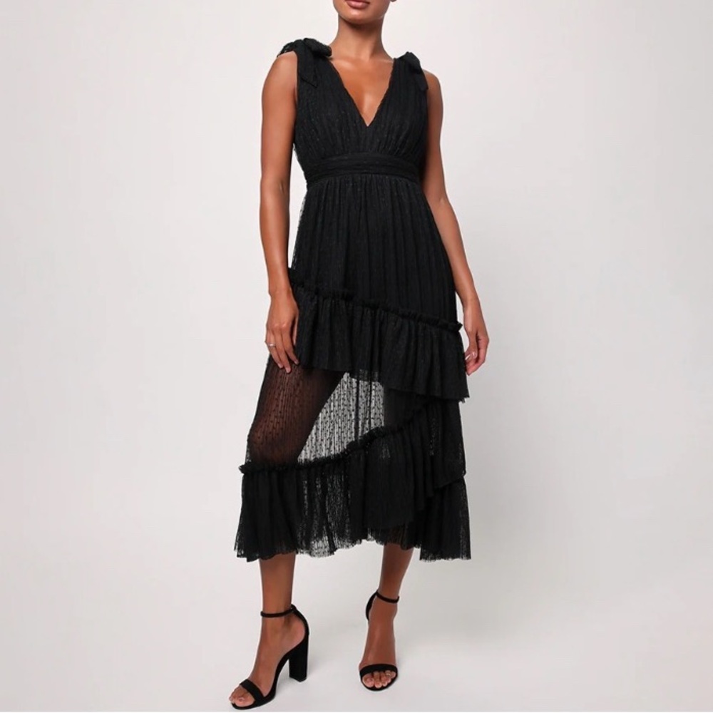 Lulus large Sutton Swiss dot Black Layered High-Low Dress NWOT